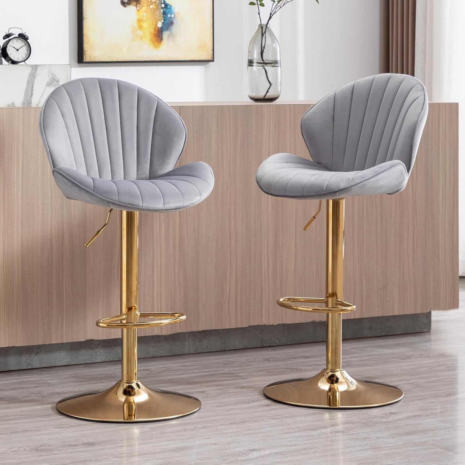 Gray Velvet Swivel Bar Stools Set of 2 Adjustable Kitchen Counter Chairs