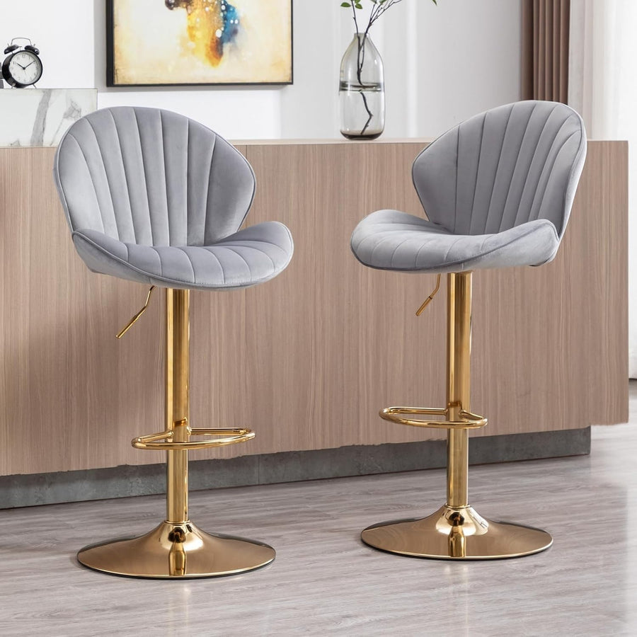Gray Velvet Swivel Bar Stools Set of 2 Adjustable Kitchen Counter Chairs