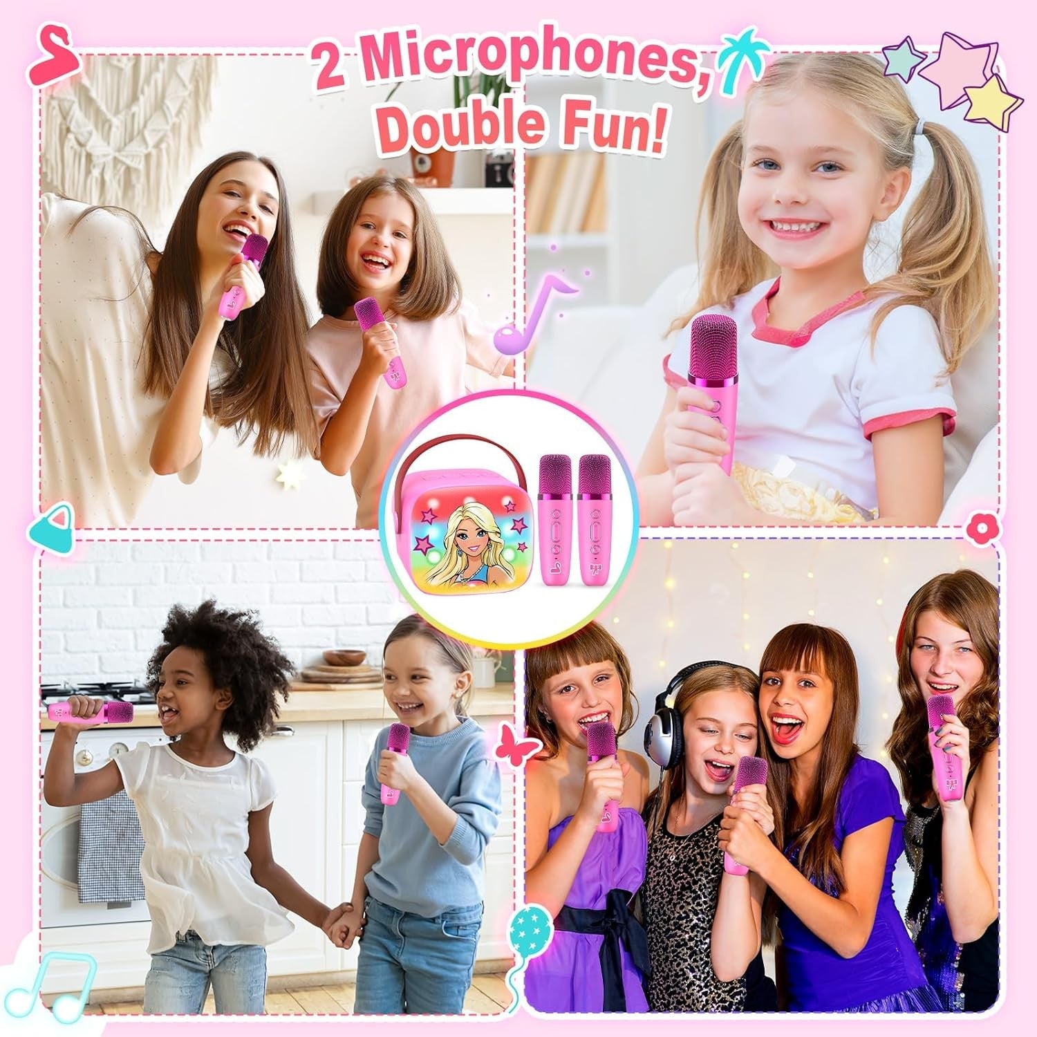 Mini Karaoke Machine Kids Bluetooth Speaker 2 Mics Pink Princess
