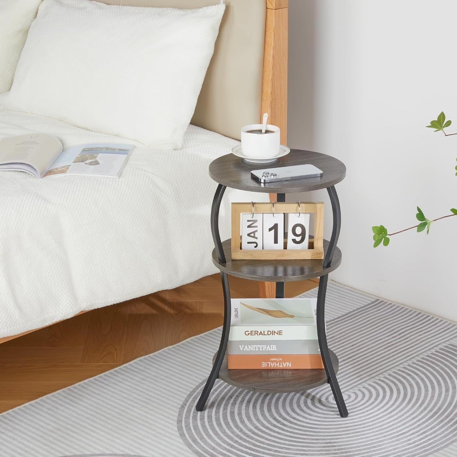 Grey 3-Tier Round Side Table 30x30x55 cm | Slim End Table w/ Storage