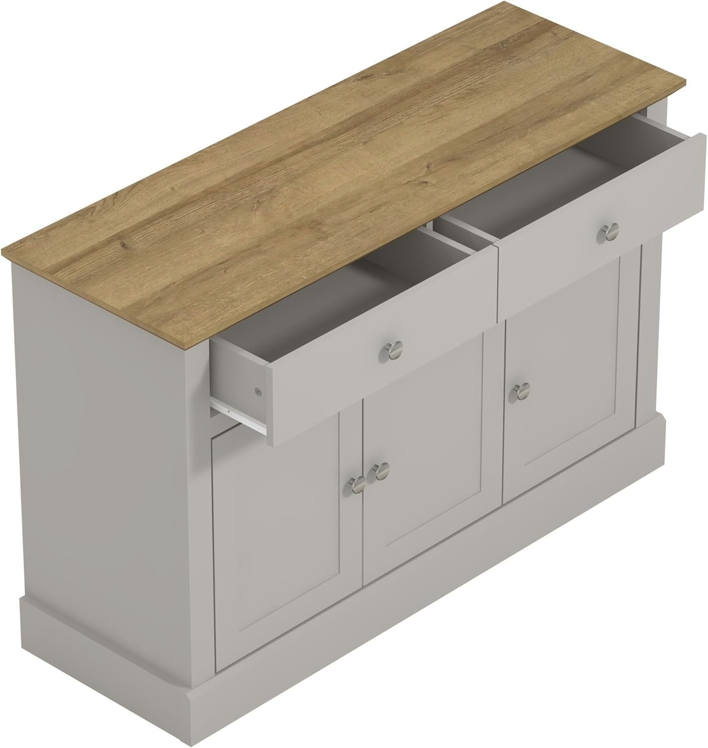 Grey Sideboard Cabinet with Drawers & Doors, Oak Top, Storage Unit