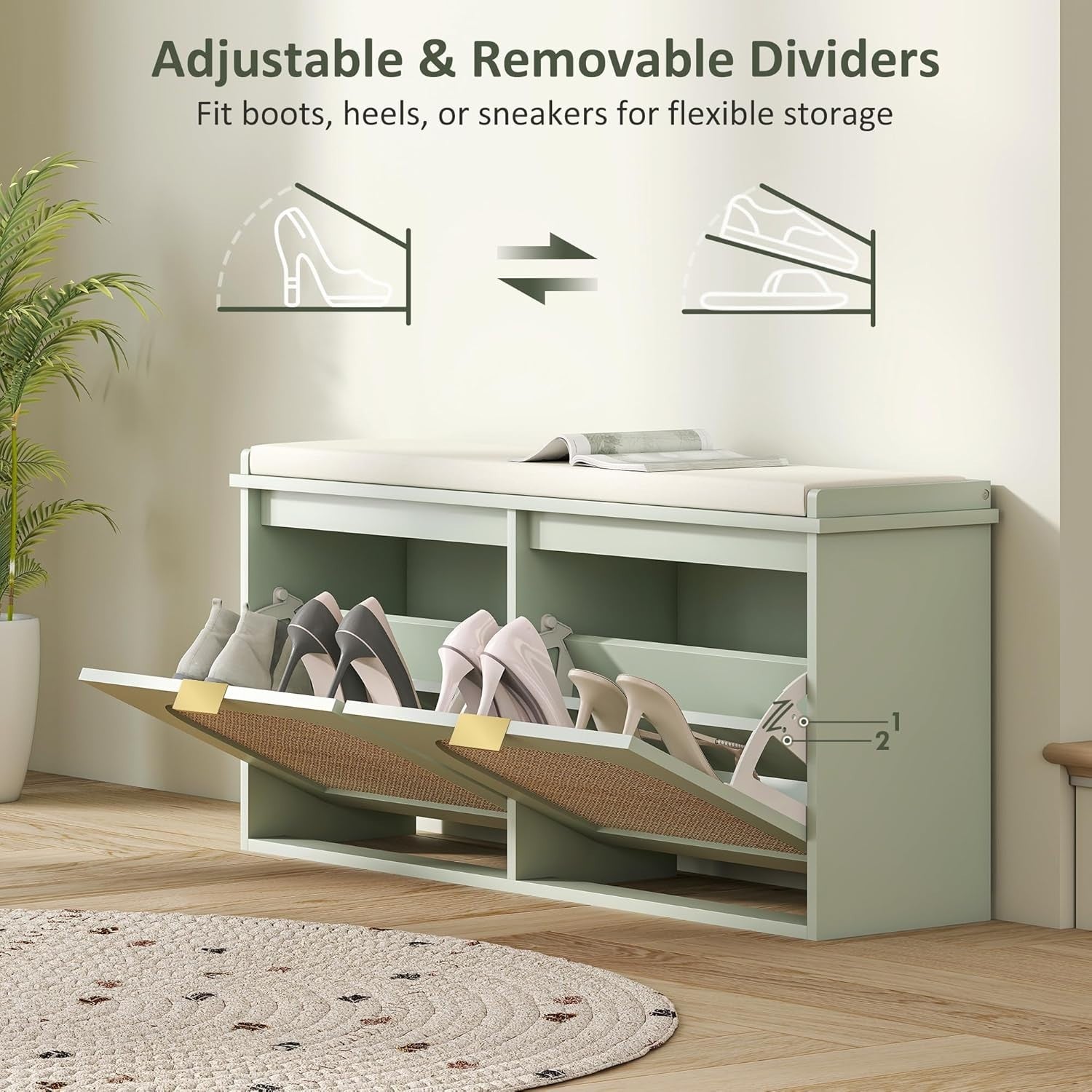 Compact Boho Shoe Bench with 2 Flip Drawers & Padded Seat, Holds 10 Pairs