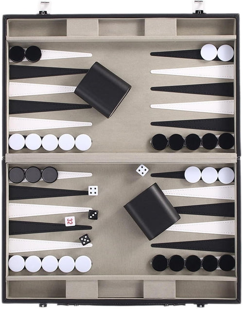 15 Inch Backgammon Set Black PU Leather Folding Travel Board Game 2 Player