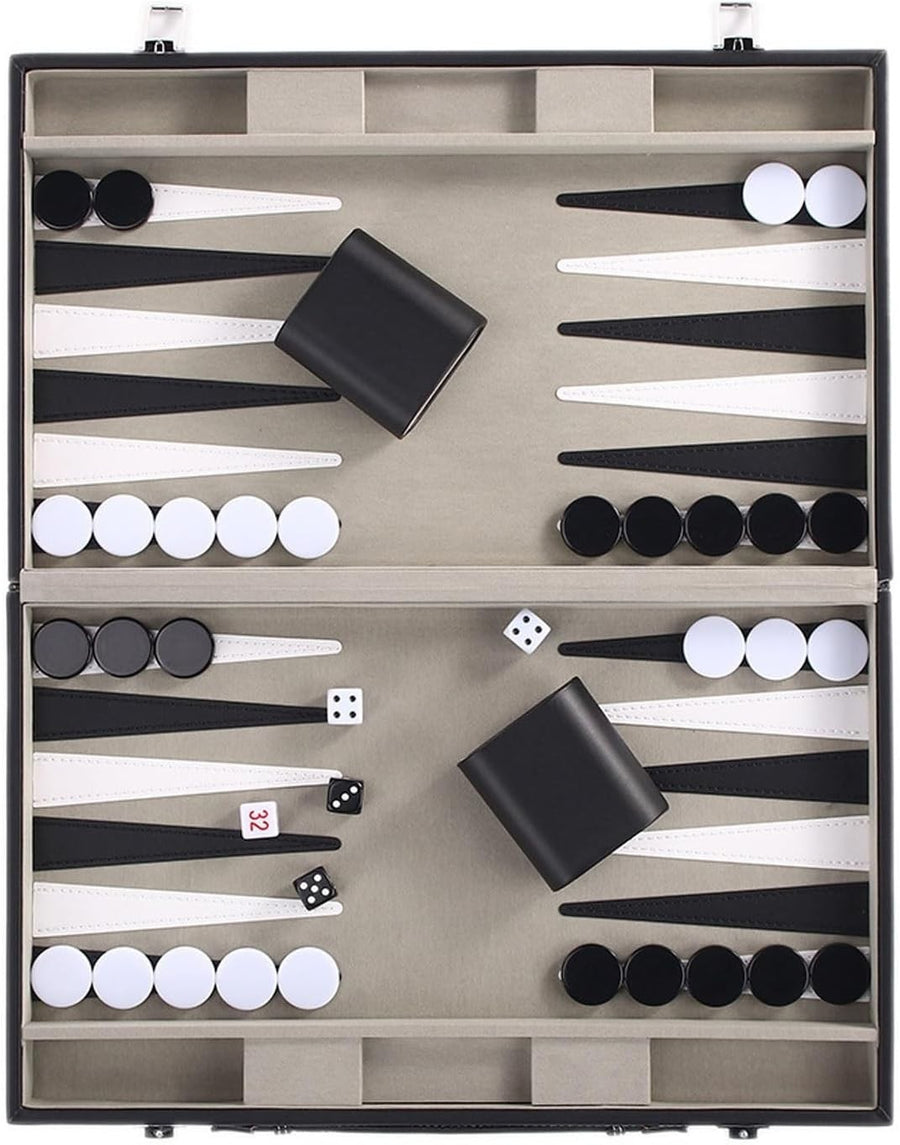 15 Inch Backgammon Set Black PU Leather Folding Travel Board Game 2 Player