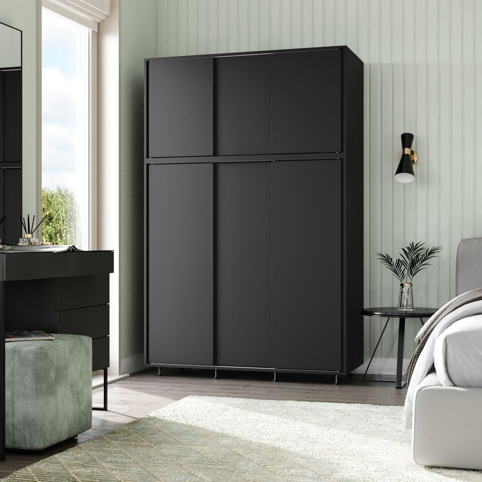 6-Door Black Sliding Wardrobe with Adjustable Feet & Spacious Bedroom Storage