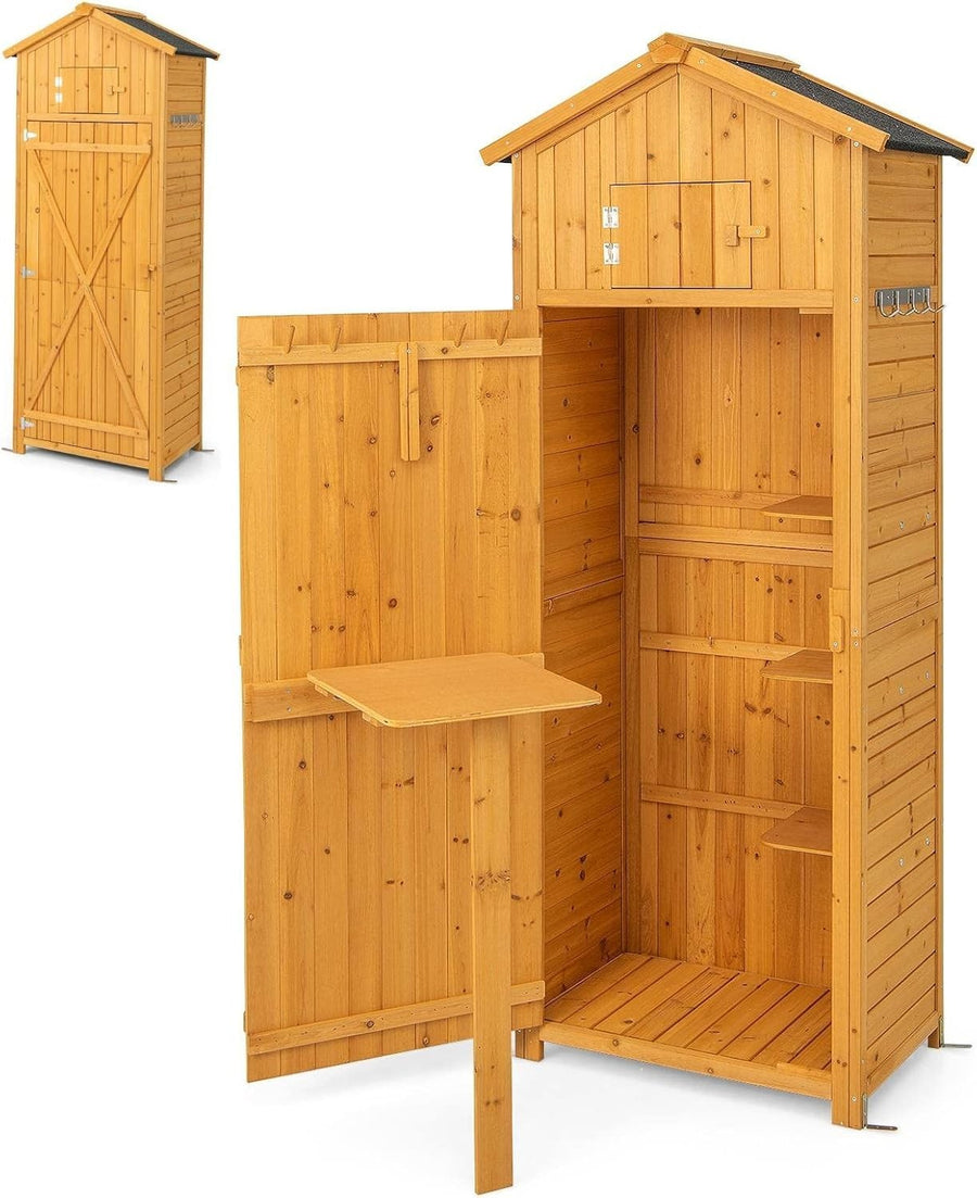 Wooden Garden Shed 6FT Outdoor Storage with Shelves, Table & Lockable Door