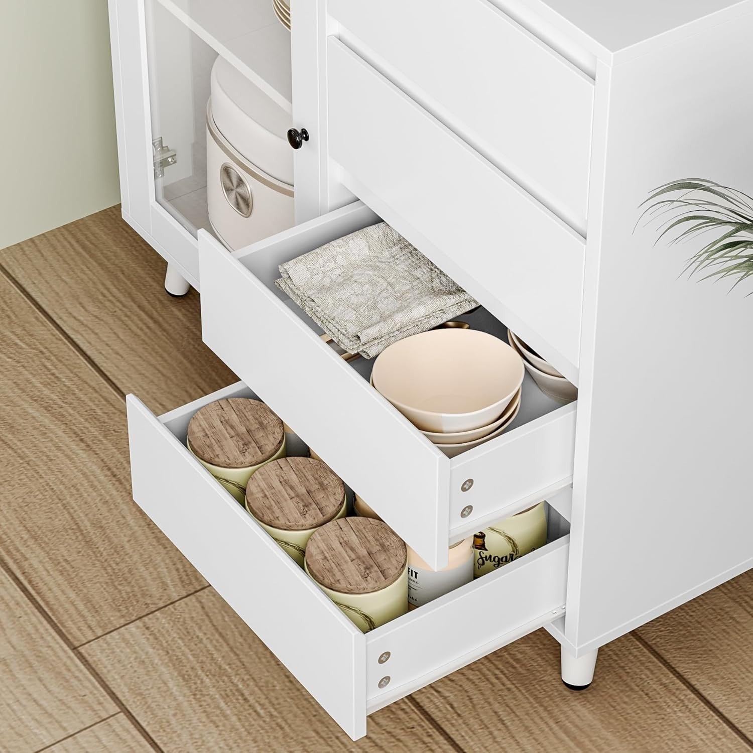 White Tall Kitchen Cupboard 180cm 2 Glass Doors 4 Drawers