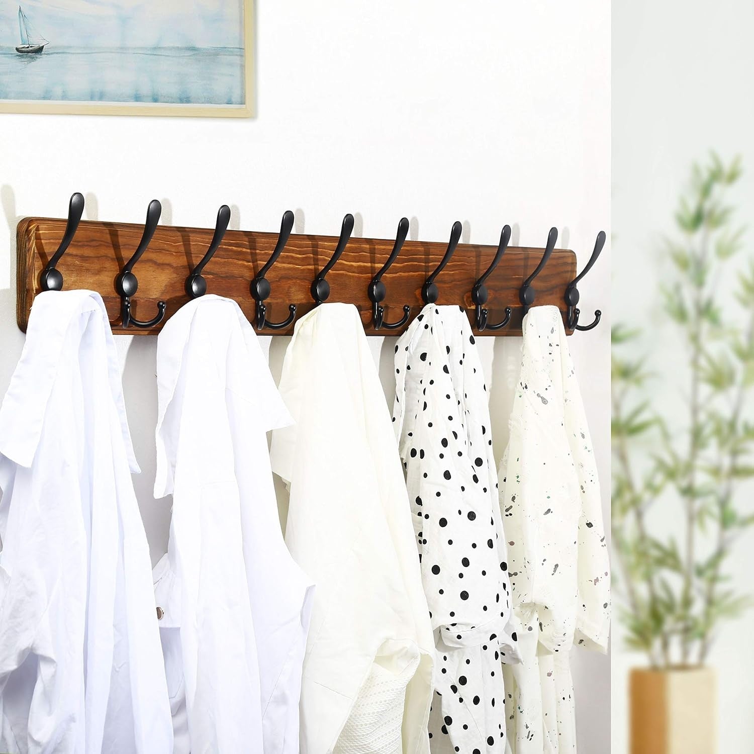 Wall Mounted Coat Rack 10 Hooks | Rustic Black Wood Hallway Hanger