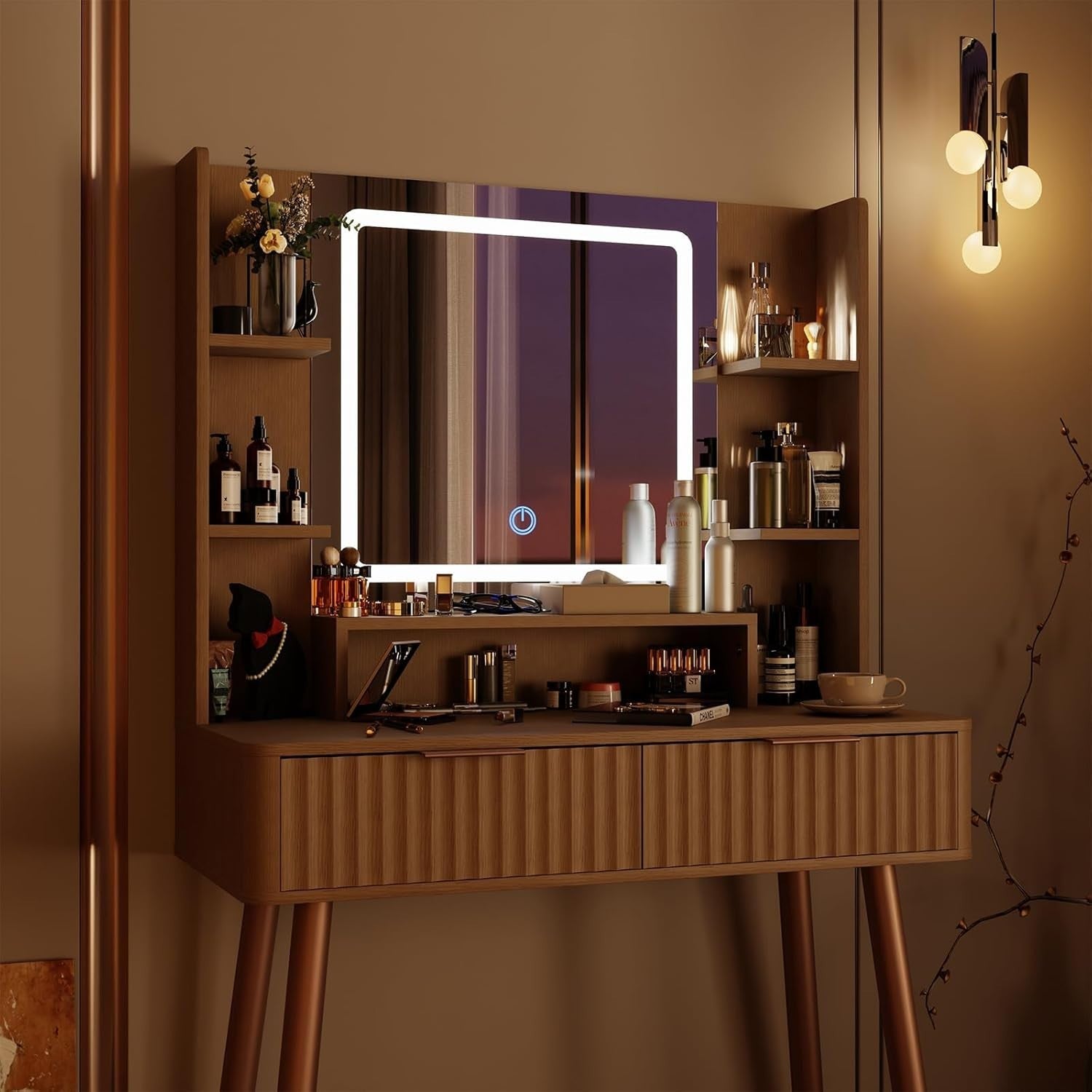 Vanity Makeup Dressing Table Desk w/ 3-Color LED Lights Mirror Storage Oak