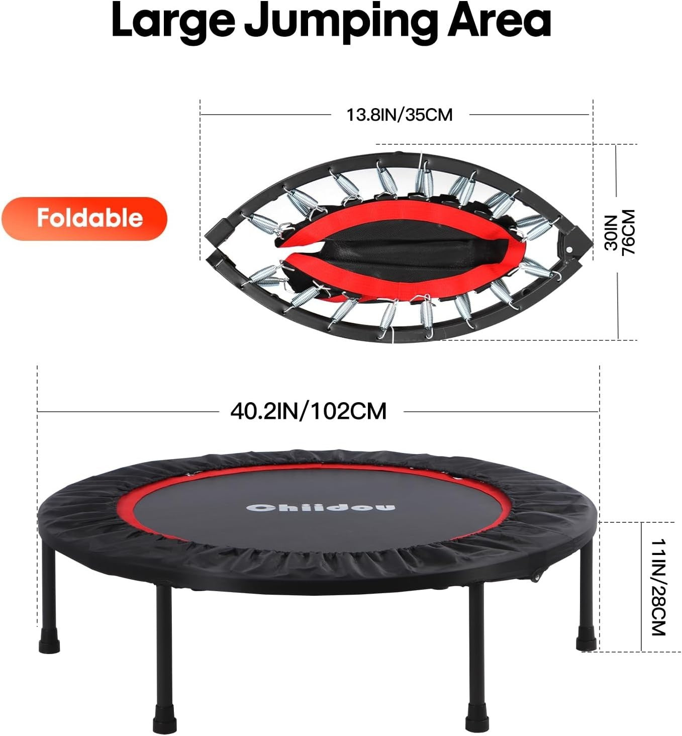 40in Foldable Fitness Rebounder Trampoline Silent Low Impact 180kg