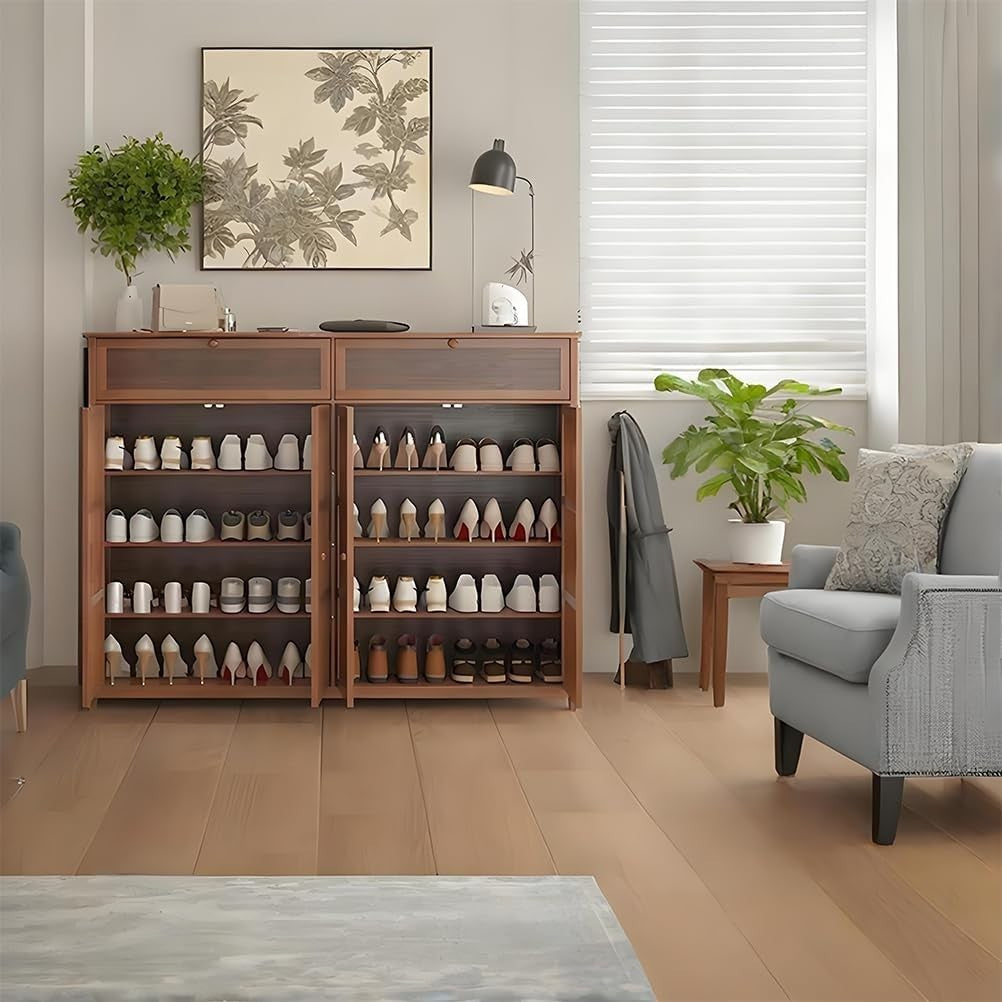 Large Bamboo Shoe Cabinet with Drawer & Ventilated Door, Holds 32 Pairs