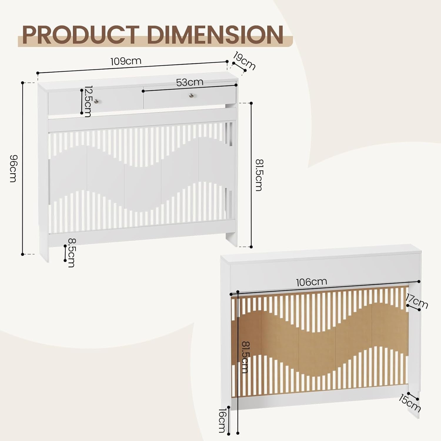 White Radiator Cover Cabinet with Drawers Modern MDF Storage Shelf, Medium