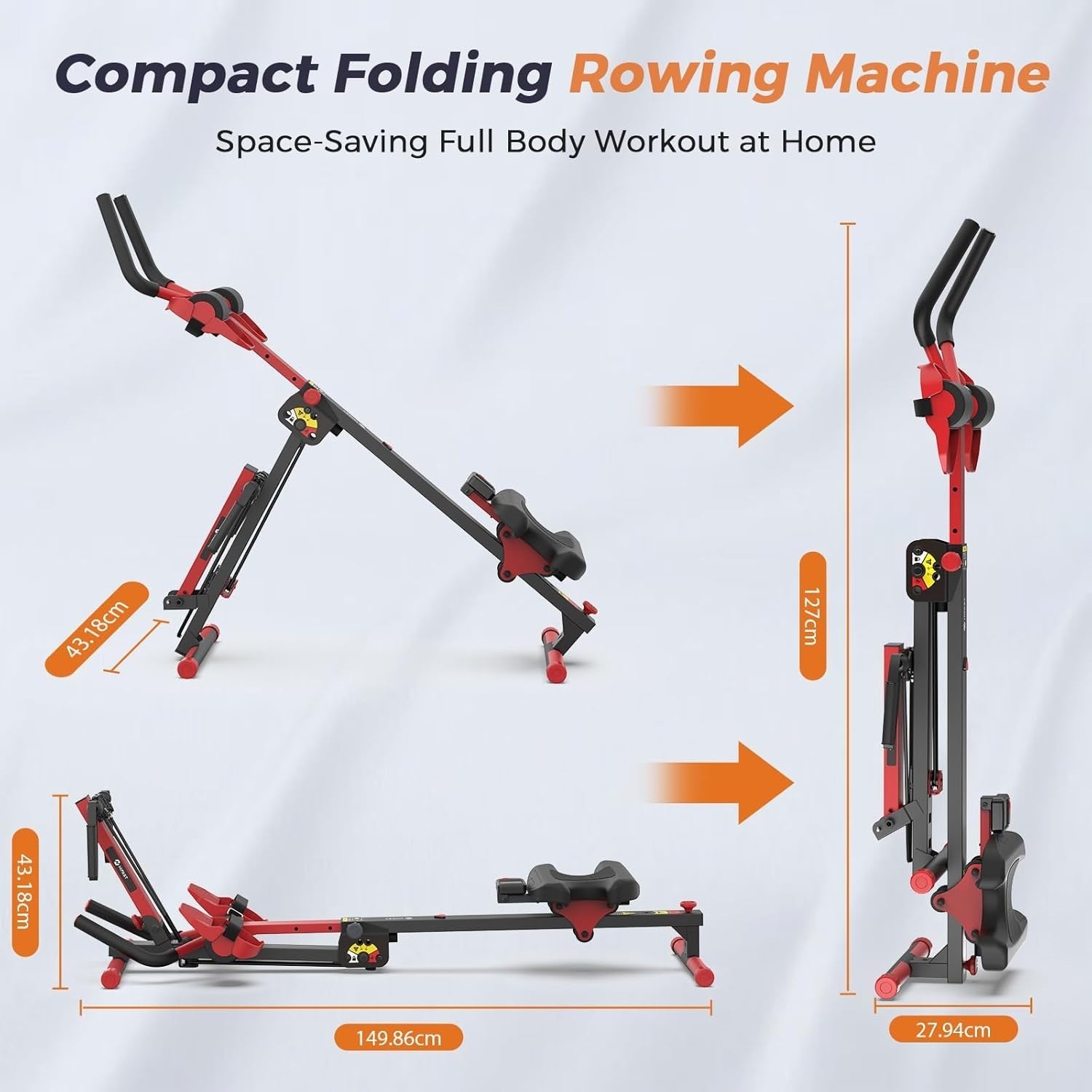 4-in-1 Rowing Machine Ab Trainer Foldable Quiet Rower LCD Home Gym 118KG