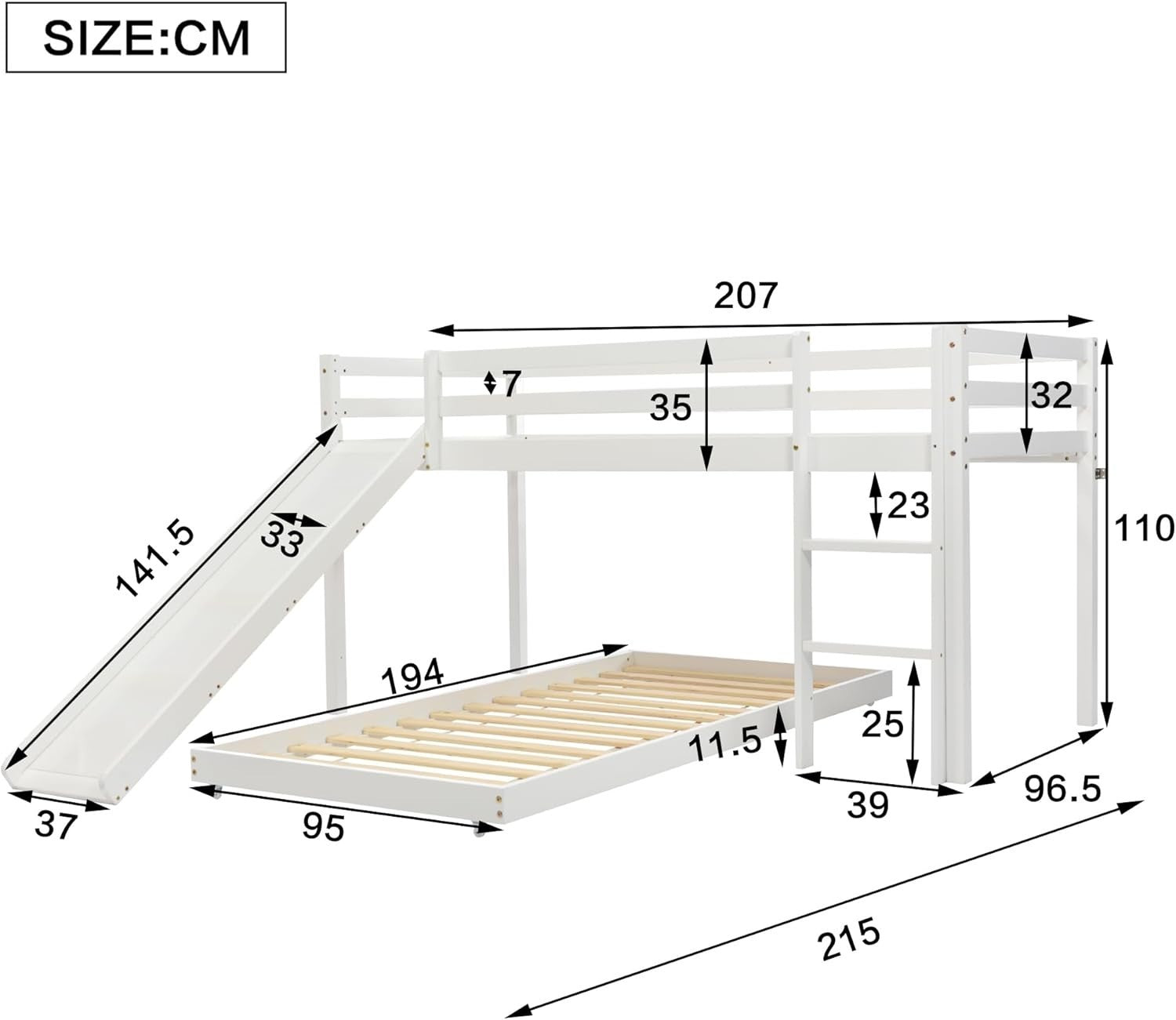 Kids Cabin Bunk Bed with Slide & Ladder Adjustable Lower Bed White 190x90