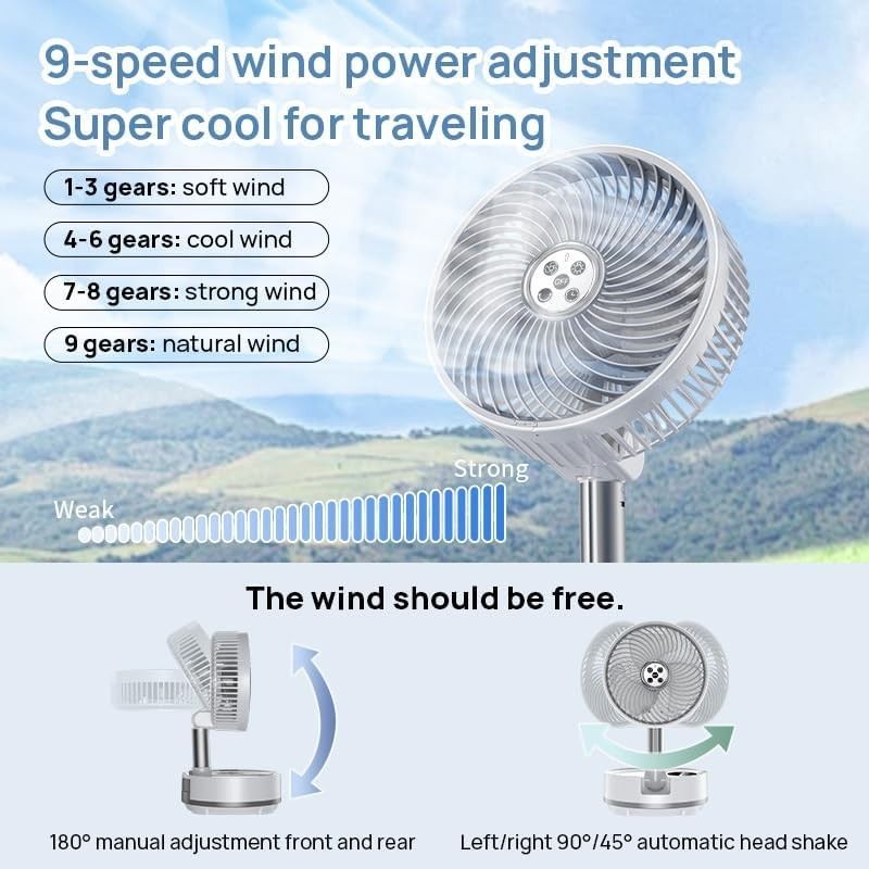 White Portable Desk Foldable Fan – 9-Speed Rechargeable w/ LED & Remote Control