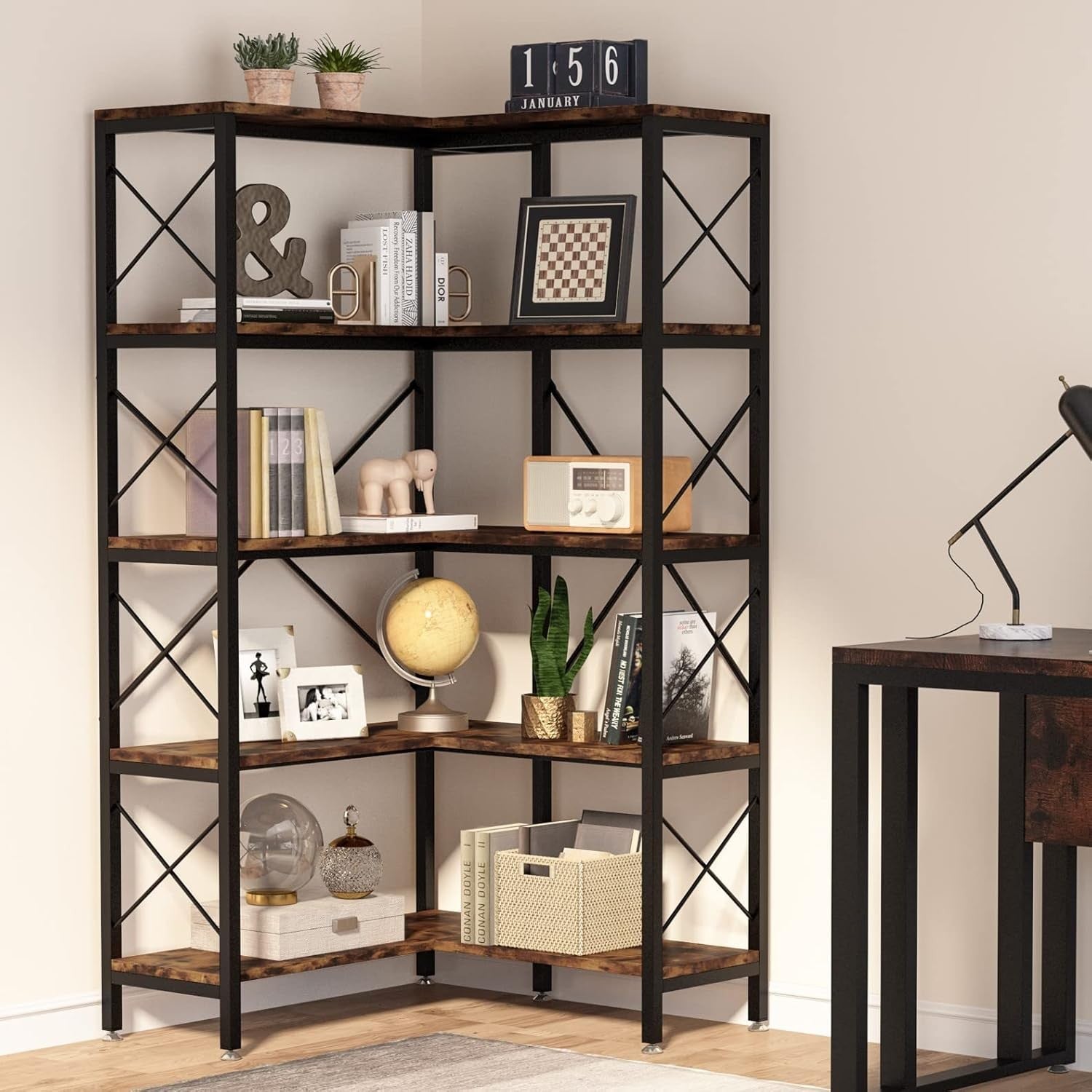 Tall 5-Tier Corner Bookshelf | Rustic Wood & Metal Industrial Display Storage Un