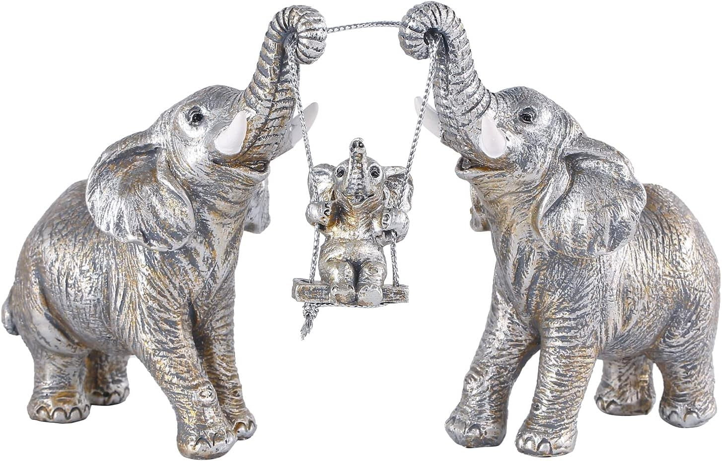 Silver Elephant Figurine Set Good Luck Home Decor Resin Centerpiece Gift