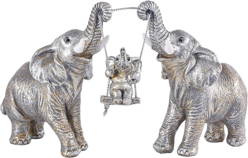 Silver Elephant Figurine Set Good Luck Home Decor Resin Centerpiece Gift