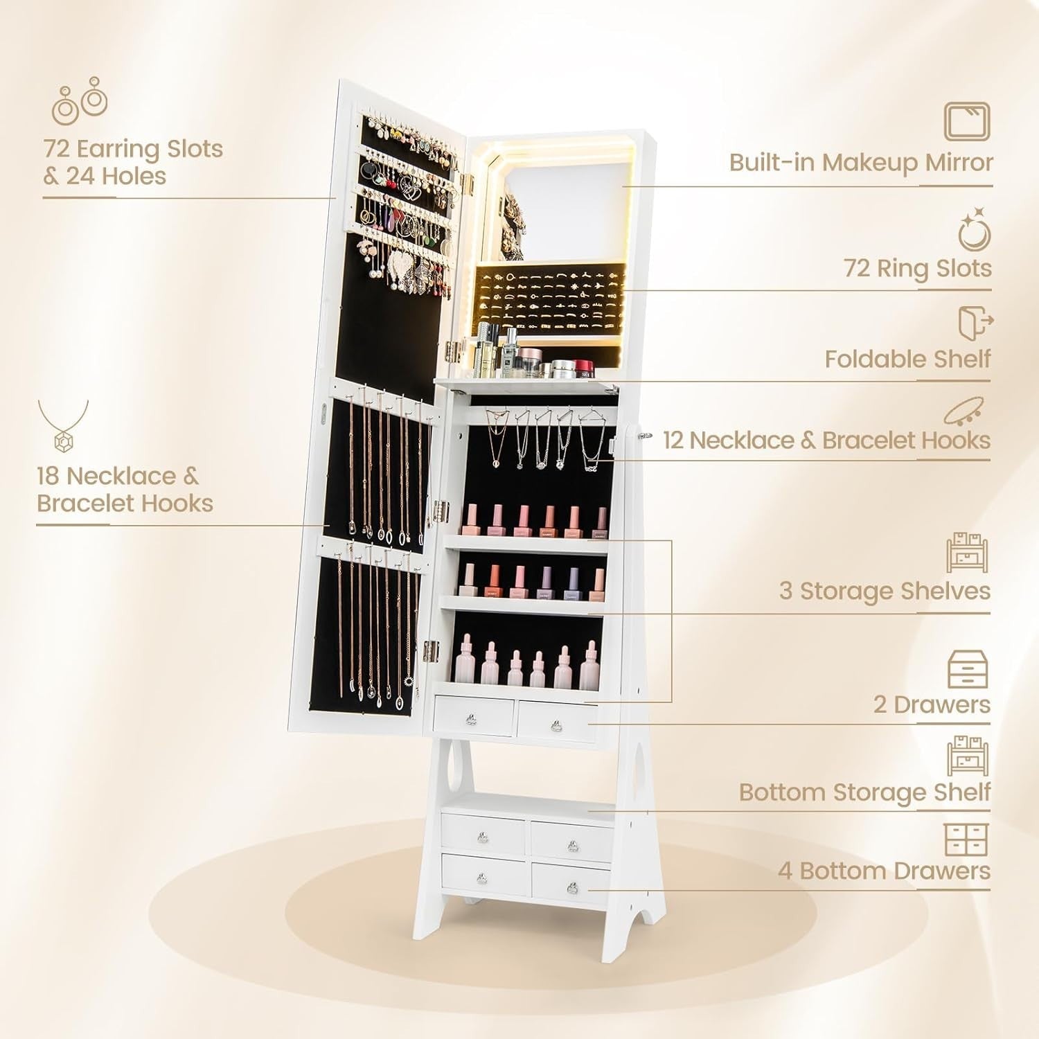 LED Jewelry Cabinet Full Length Mirror Freestanding Organizer with Drawers