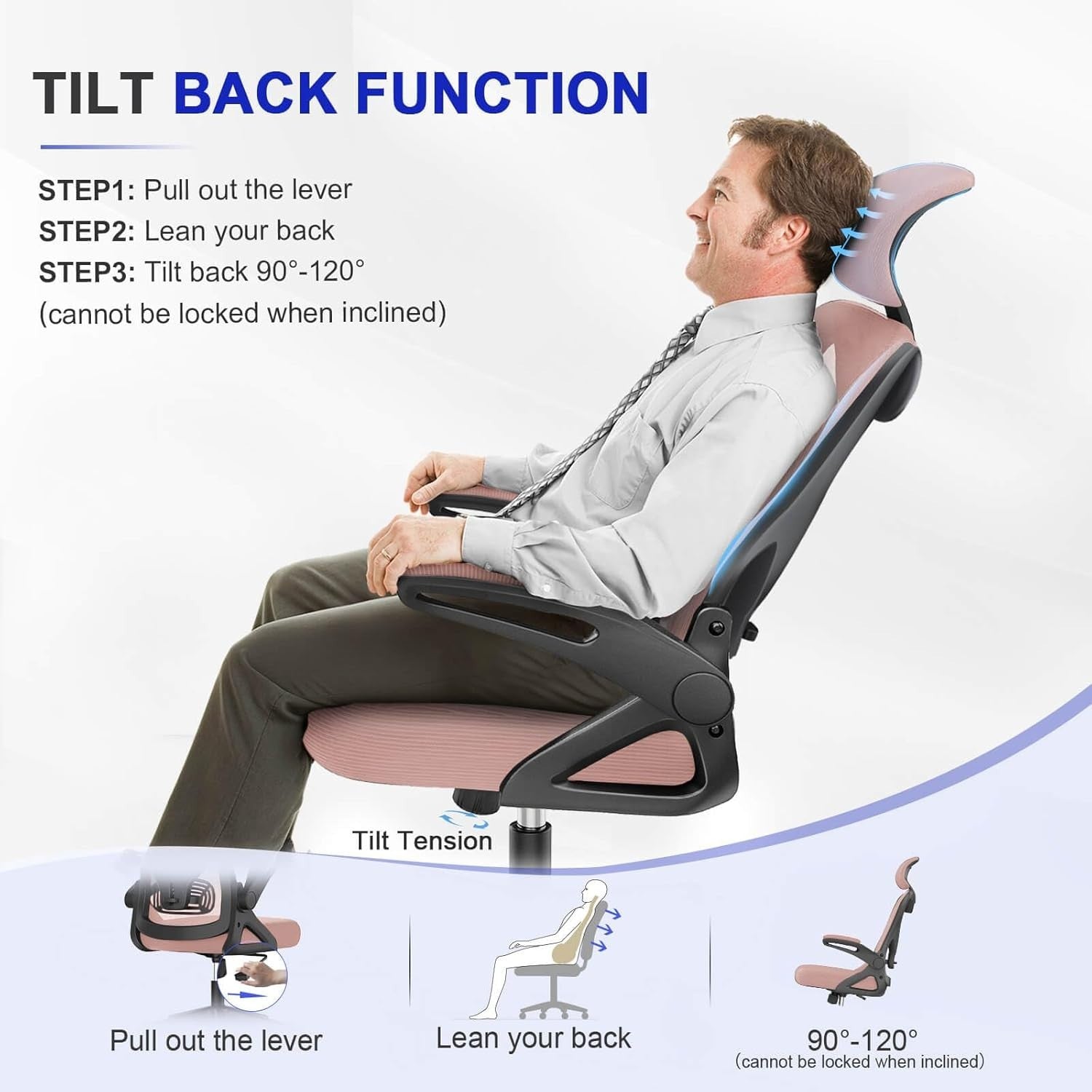 Ergonomic Mesh Office Chair Pink High Back Flip-Up Armrest Lumbar Support