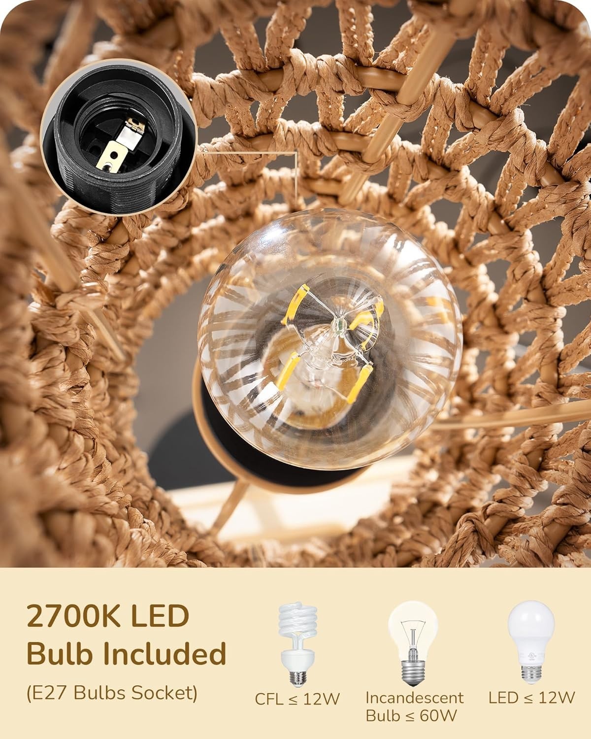 3-Light Boho Floor Lamp with Shelves & Rope Shades, Warm LED Lighting