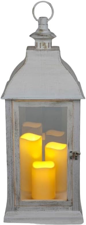 White Decorative Lantern with 3 LED Candles Flickering Light Timer