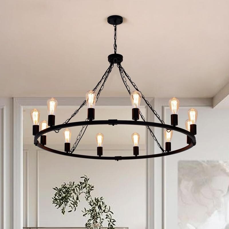 12-Light Wagon Wheel Chandelier Rustic Pendant E27 Industrial Farmhouse Lamp