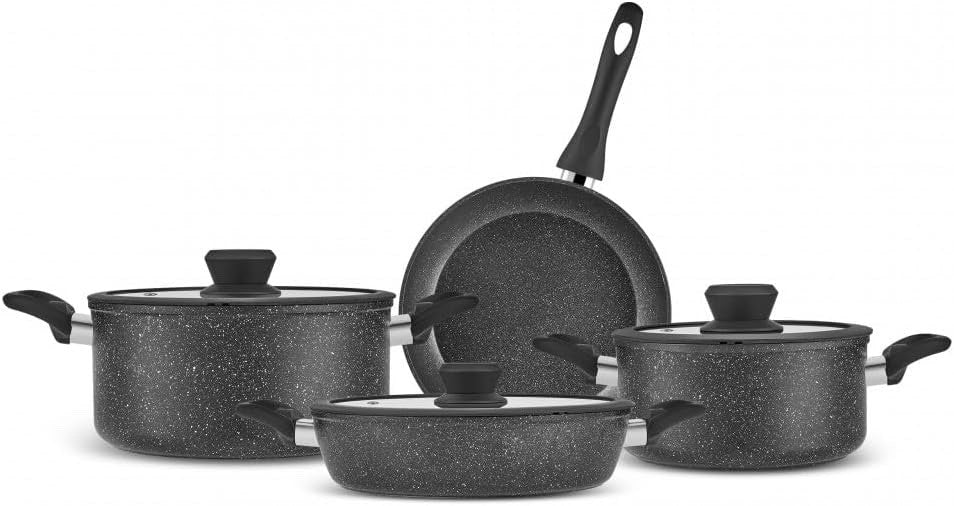 7pcs Black Nebula Granite Non-Stick Induction Cookware Set with Lid PFOA Free