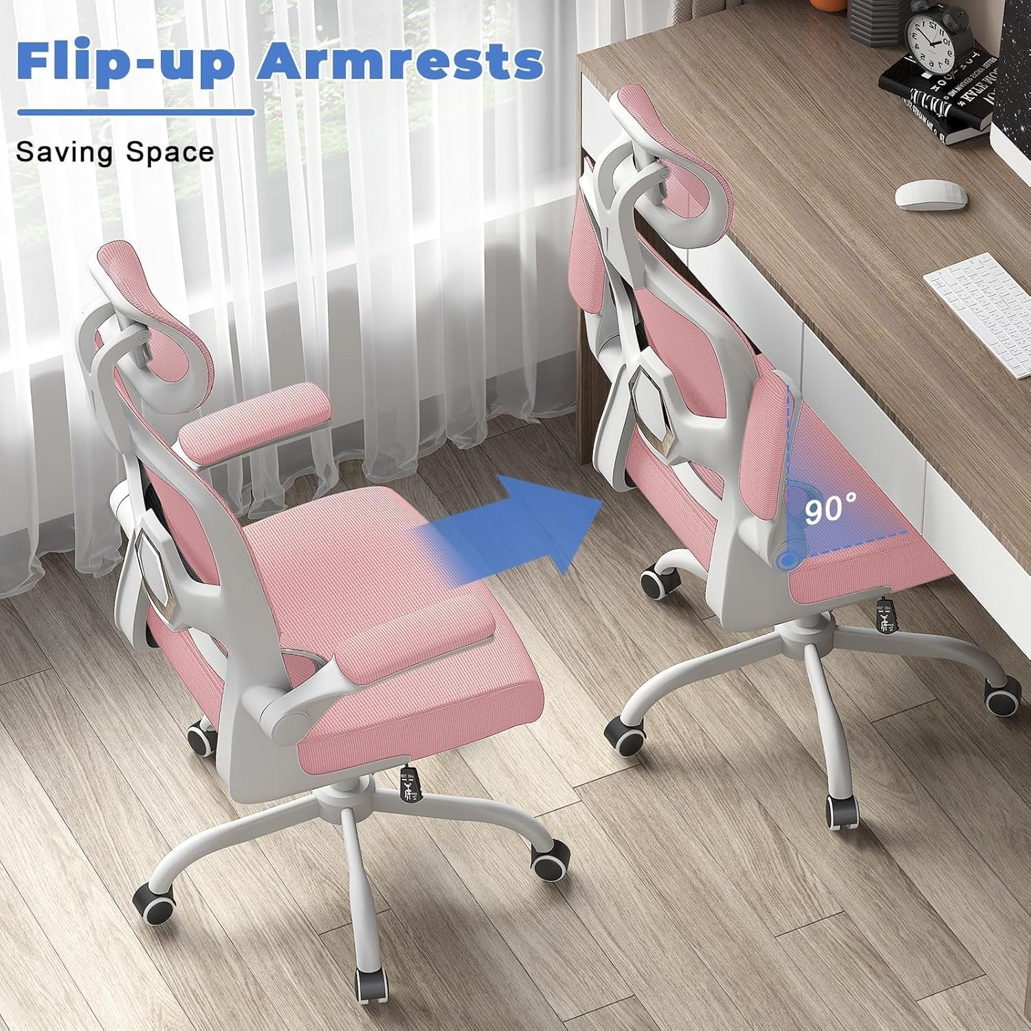 Pink Ergonomic Office Chair Mesh Back Flip-Up Armrests Adjustable Headrest Tall