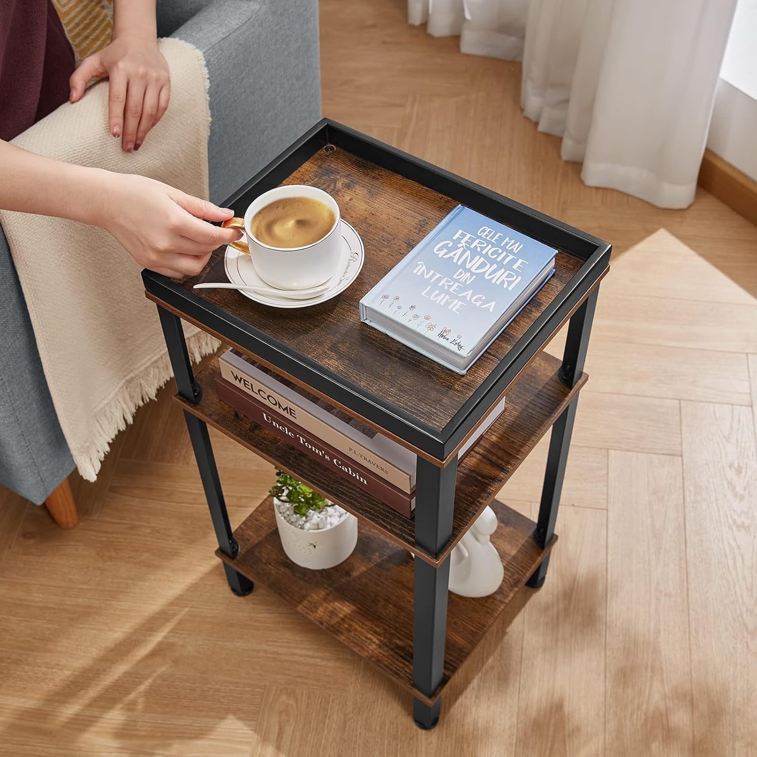 Slim 3-Tier Side Table Narrow End Table with Metal Tray & Wood Shelves