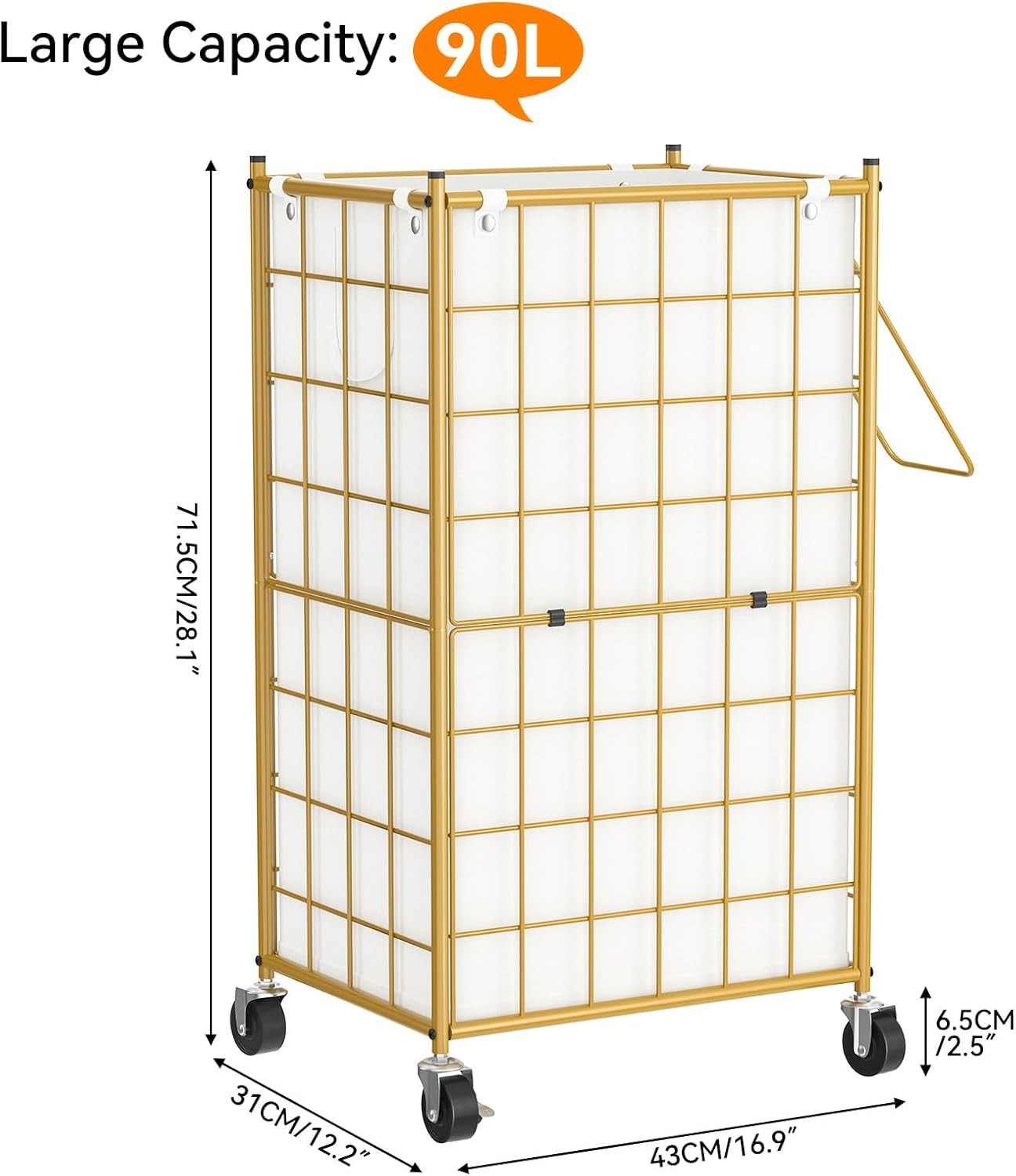 100L Rolling Laundry Hamper with Wheels Gold Metal Frame Removable Bag