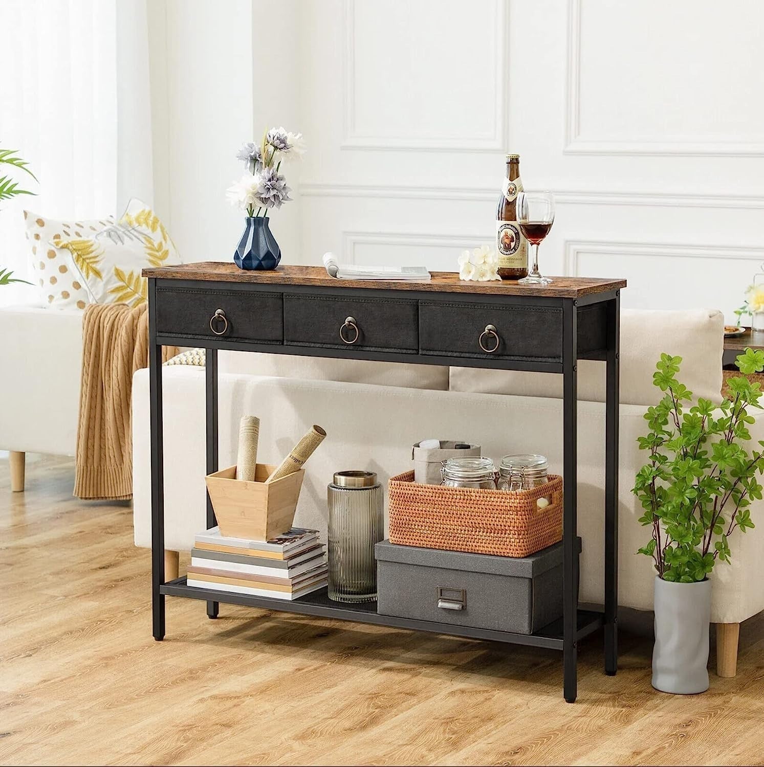 Slim Industrial Console Table with Storage, 3 Drawers & Shelf, Rustic Brown