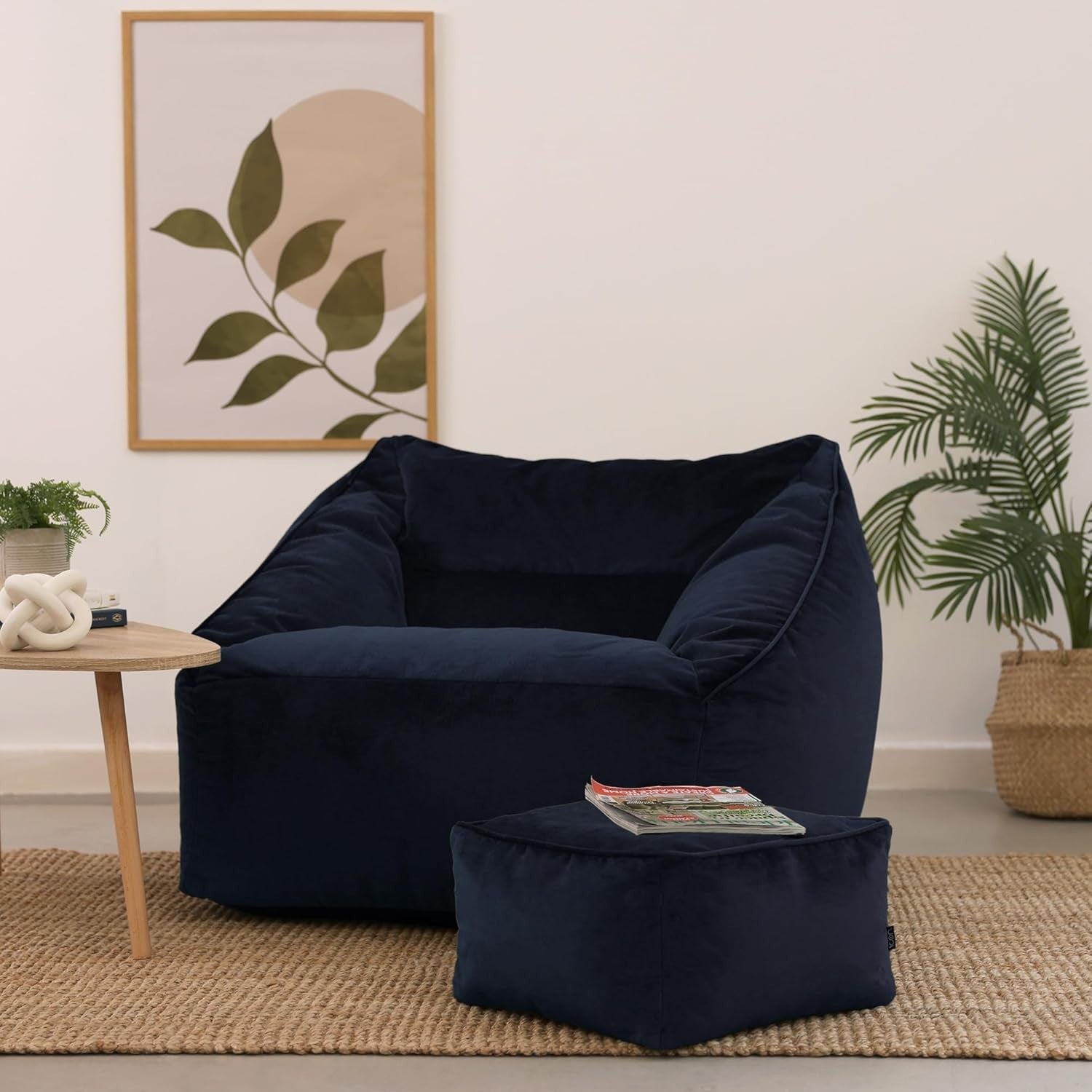 Midnight Blue Velvet Bean Bag Chair Adult Armchair with Footstool Set