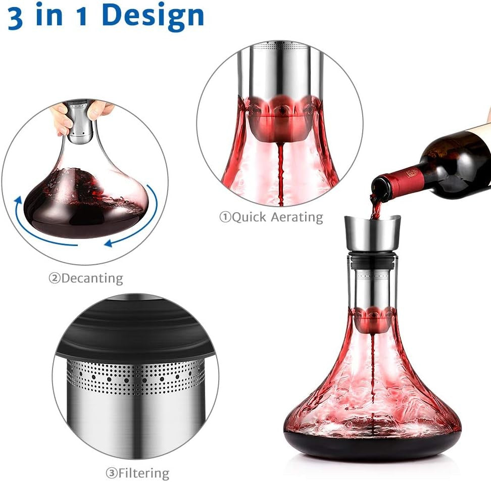 1800ml Crystal Wine Decanter with Aerator Stainless Steel Filter Drip-Free