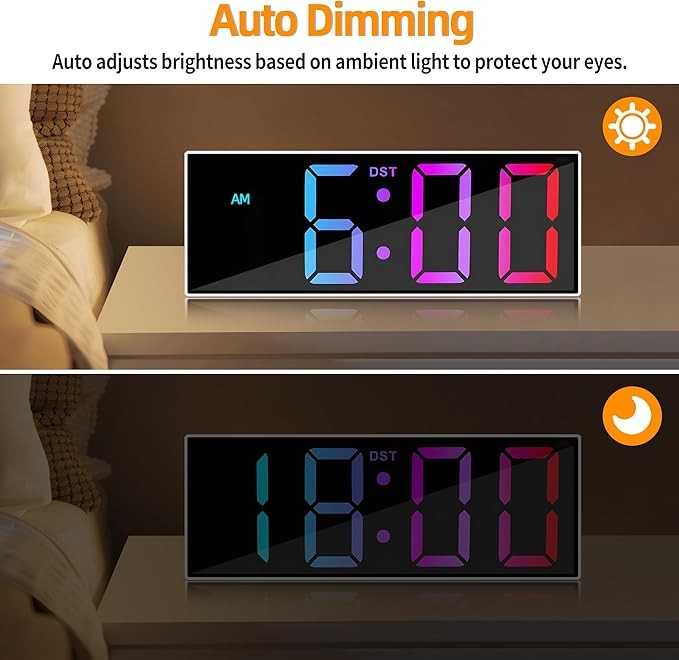 12" RGB LED Digital Wall Clock Large Display Auto-Dim Night Light Modern Bedroom