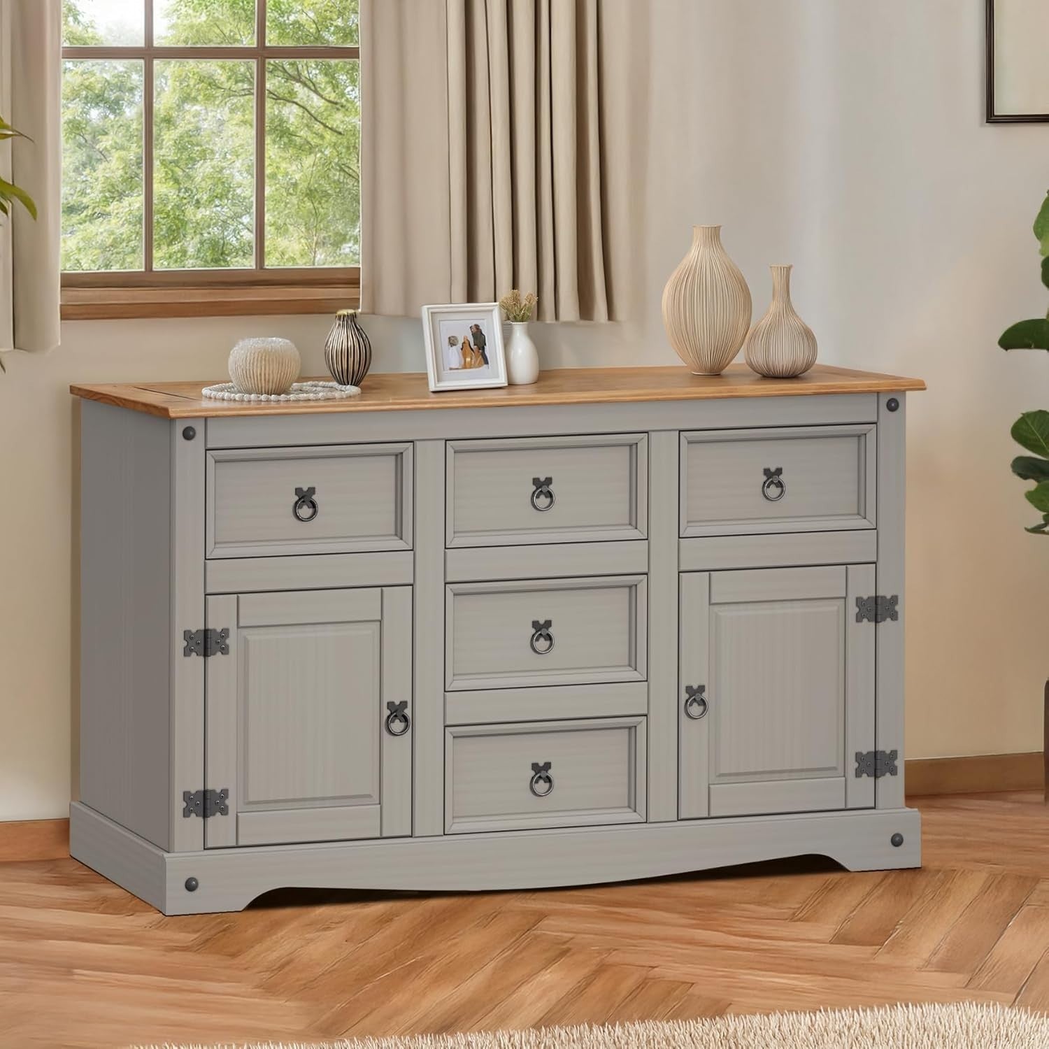 Grey 5-Drawer Sideboard with Antique Wax Top – Rustic Storage for Living Room