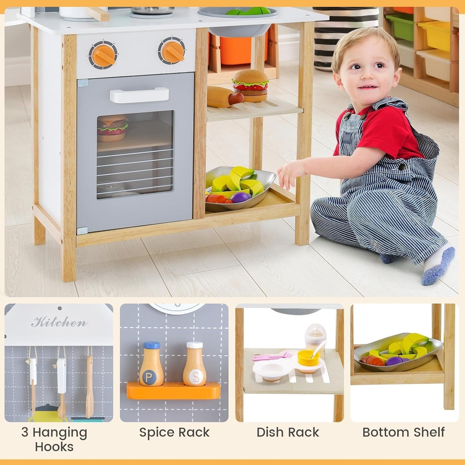 Wooden Kids Play Kitchen Pretend Cooking Set Sound Clock Accessories