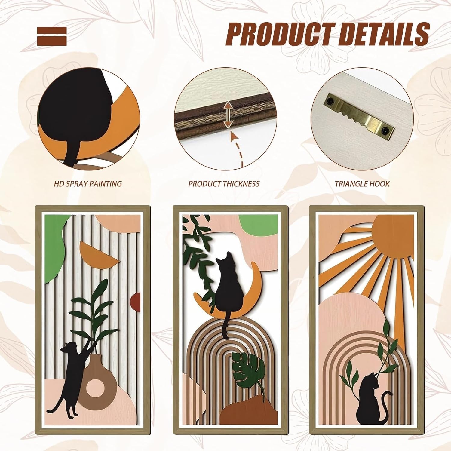 Boho Wooden Cat Wall Art Set 3Pcs Geometric Decor
