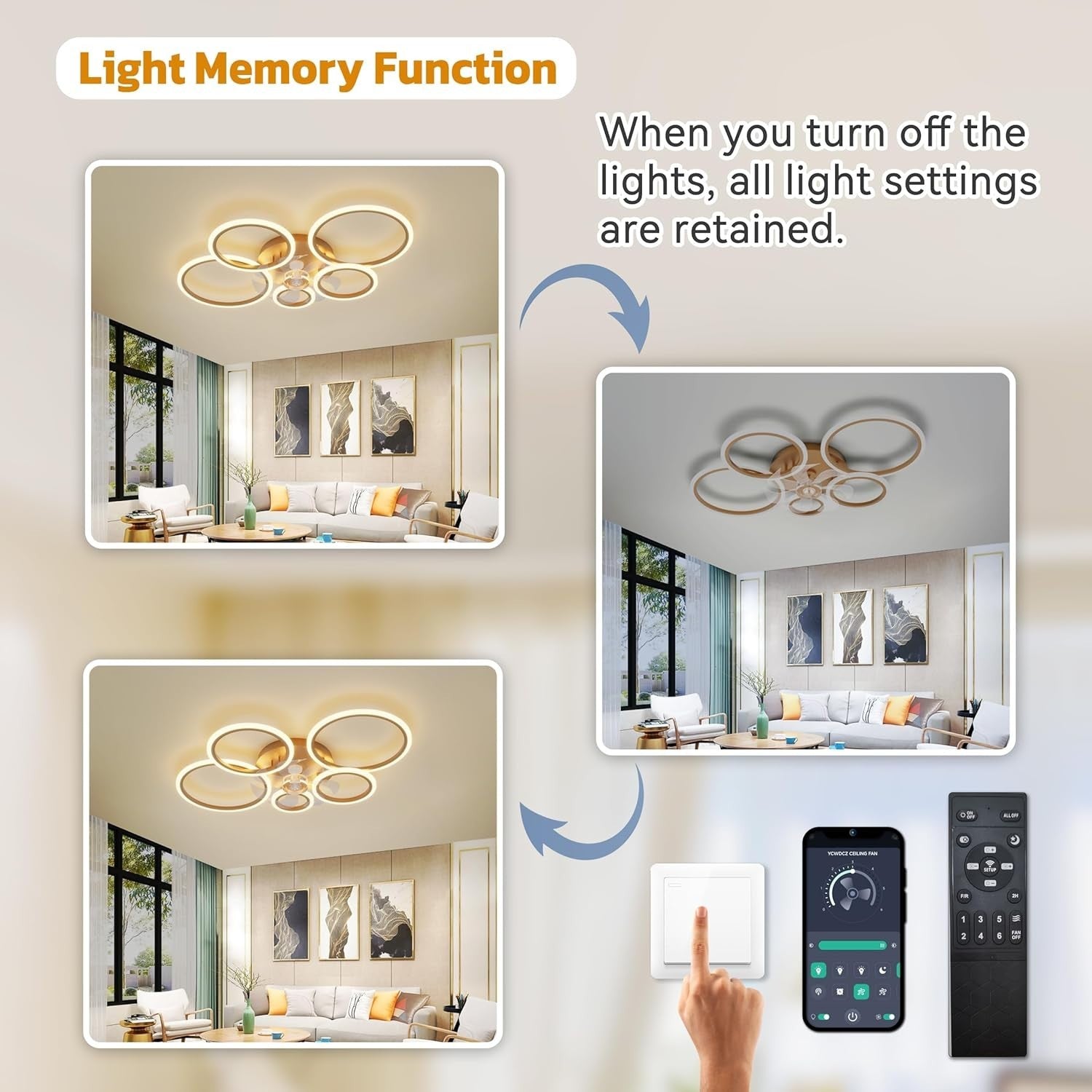 ycwdcz 100CM Smart Ceiling Fan with Light, Gold, 6-Speed, Remote, LED