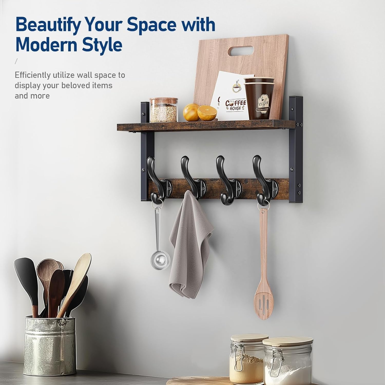16” Rustic Brown Wall Mounted Coat Rack with Shelf | Heavy Duty Hooks