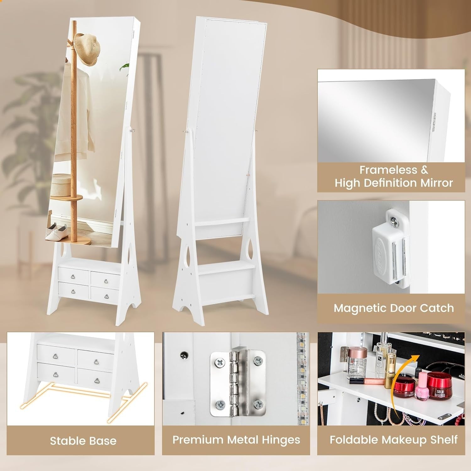 LED Jewelry Cabinet Full Length Mirror Freestanding Organizer with Drawers