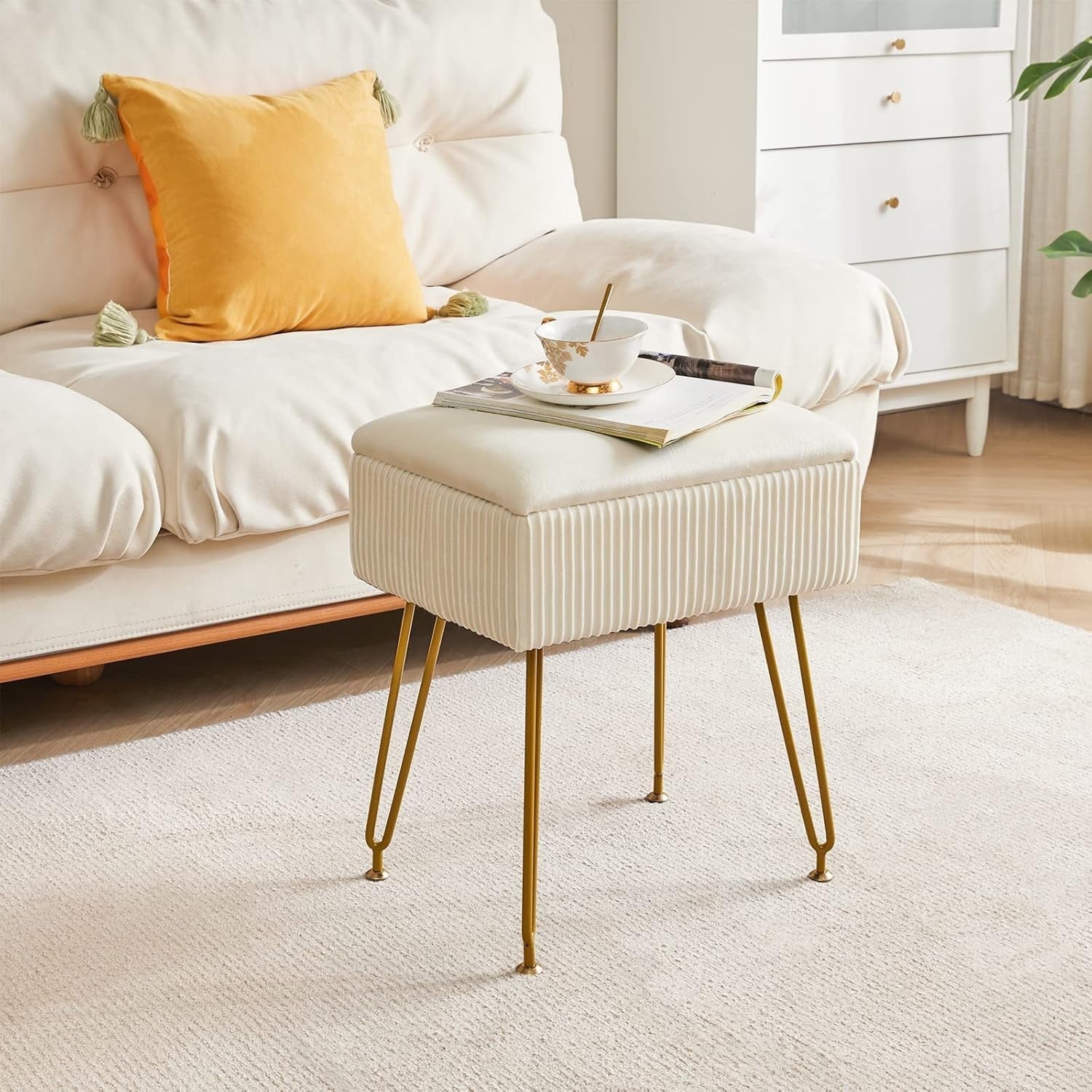 Beige Velvet Storage Ottoman Stool Square Bench Dressing Table Seat