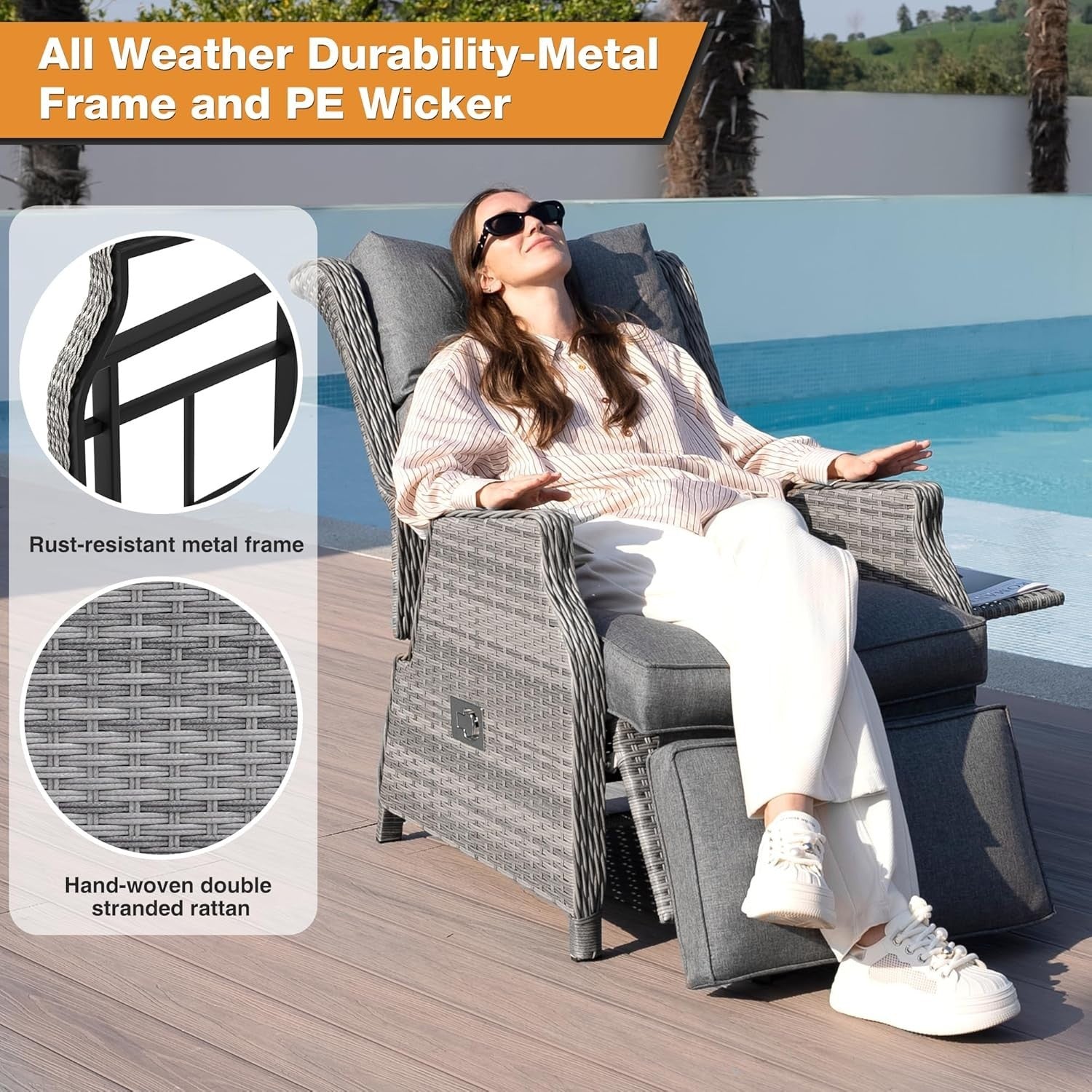 Rattan Reclining Garden Chair w/ Cushions & Flip Table – Sun Lounger Seat