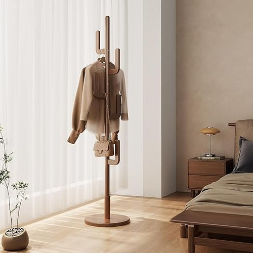 Walnut Wooden Coat Rack Stand | Modern Cactus Design Hall Tree with 6 Hooks