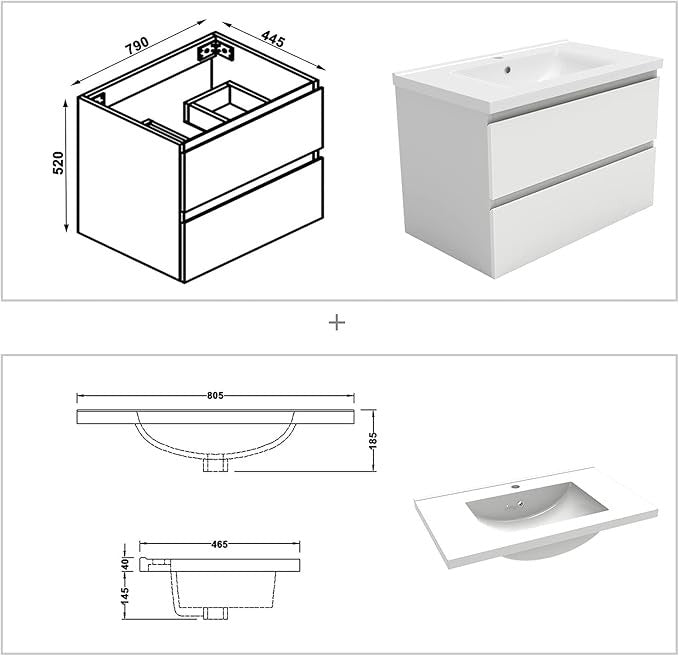 800mm White Wall Hung Bathroom Vanity Unit with Basin Sink 2 Drawer Storage