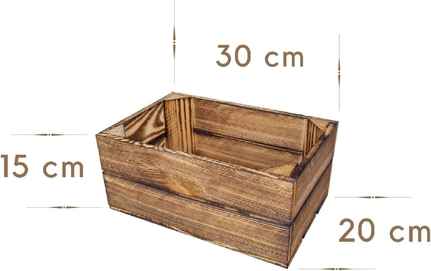 3-Piece Burnt Effect Wooden Storage Crates Organizer 30x20x15cm Durable