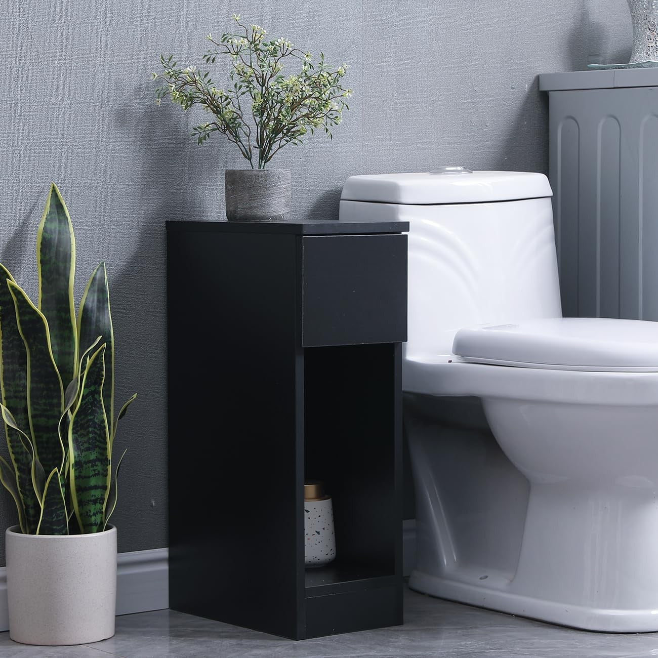 Slim Black Bedside Table with Shelf & Drawer, Modern Narrow Nightstand Storage