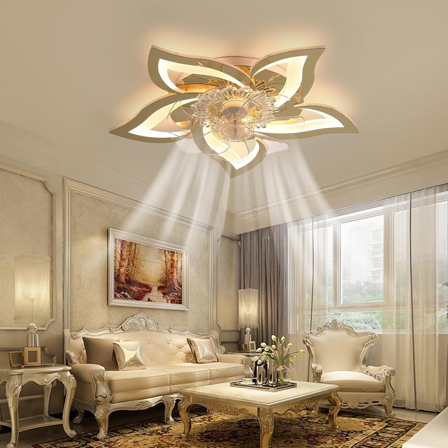 69CM Ceiling Fan Light, 6 Speeds, Dimmable LED, Remote, Gold, Bedroom/Living
