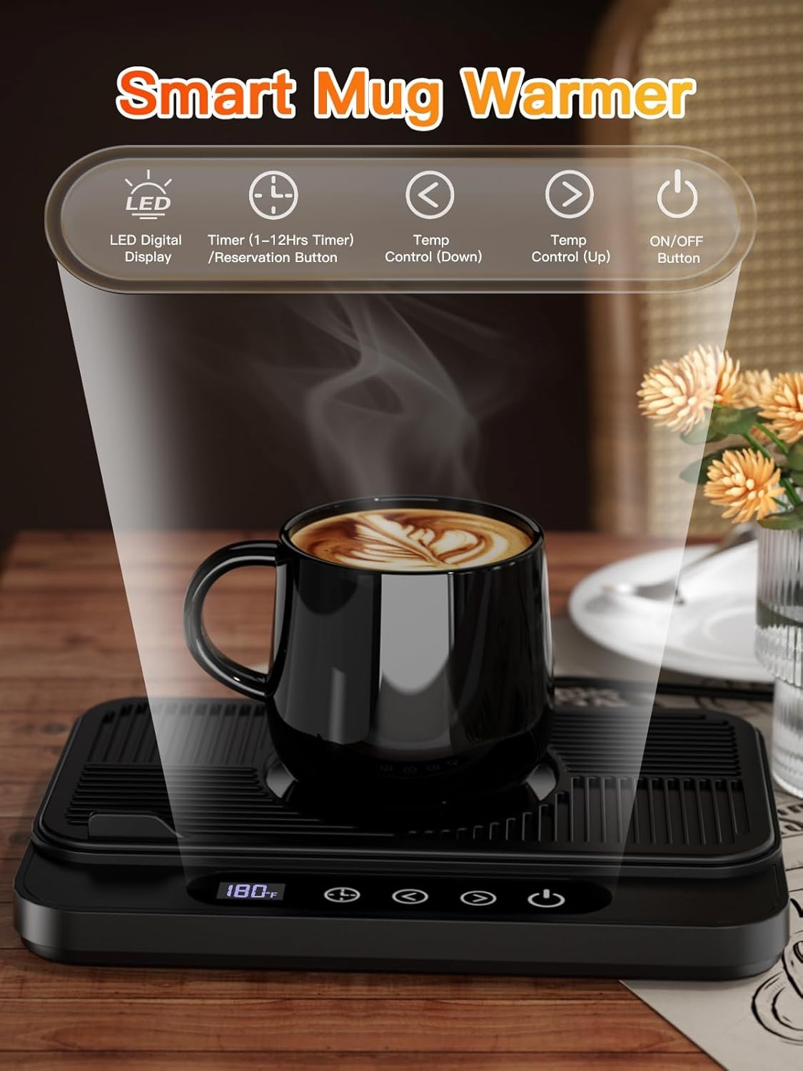 White 50W Coffee Mug Warmer 6 Temp Timer 8H Auto Off
