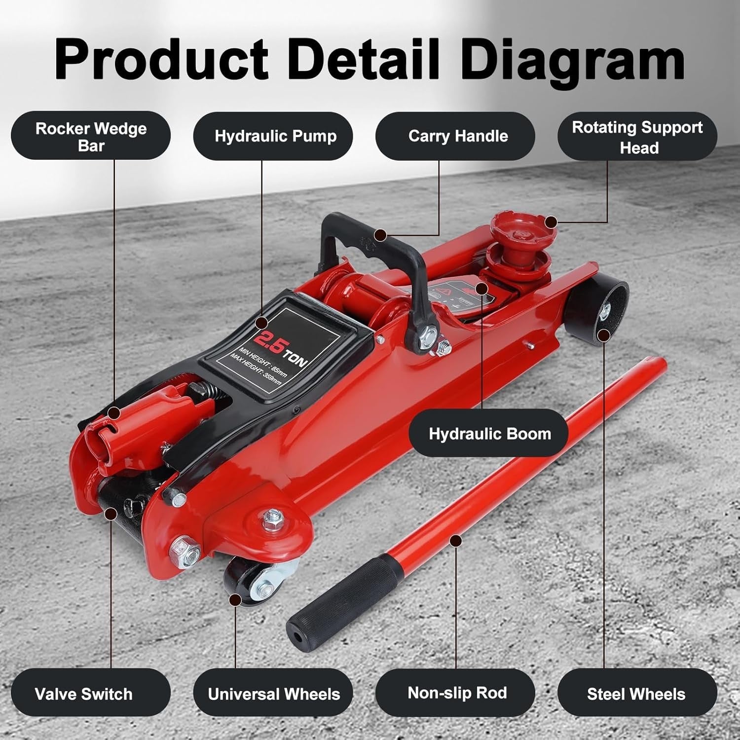 2.5 Ton Hydraulic Trolley Jack Quick Lift 135–380mm Heavy Duty Car SUV Red